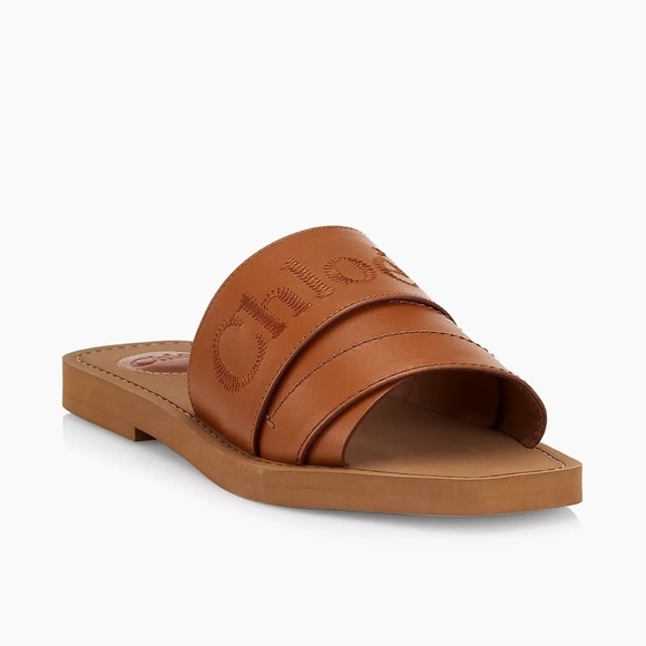 New Chloé Woody Leather Logo Slides - Picture 1 of 11